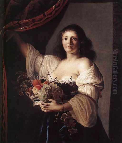 Woman with a Basket of Fruit 1642 Oil Painting by Christiaen van Couwenbergh