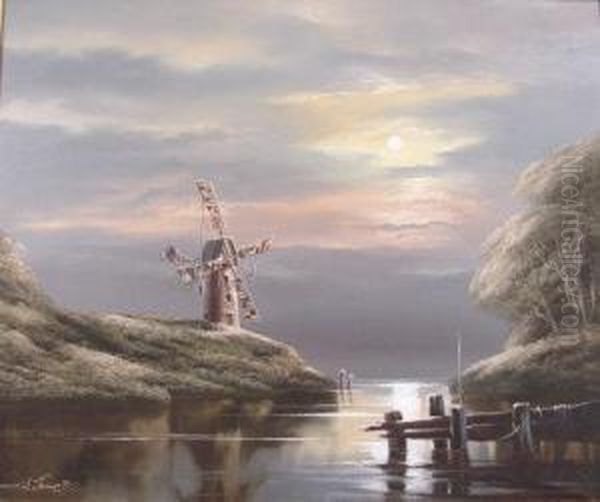 The River Windmill In Moonlight Oil Painting by David James