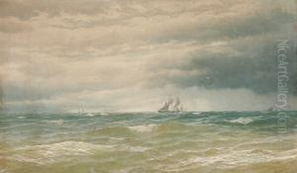 Seascape, With Sailing Boats On The Horizon Oil Painting by David James