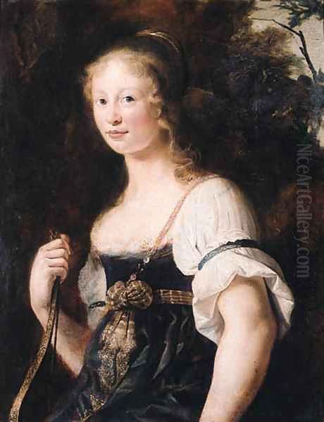 A portrait of a young woman as Diana, standing half length in a landscape, wearing a green dress and chemise, a wrap around her waist - a fragment Oil Painting by Christiaen van Couwenbergh