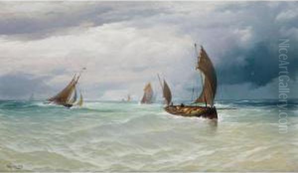 Fishing Boats In Stormy Weather Oil Painting by David James