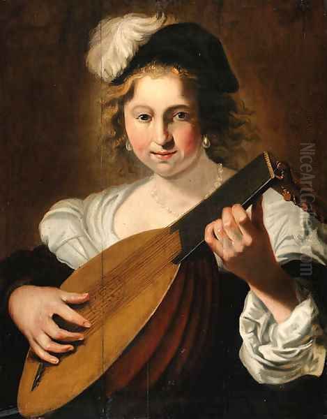 A lady playing a lute Oil Painting by Christiaen van Couwenbergh