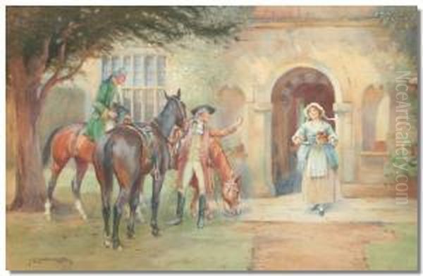 J. Sanderson Wells, Maid 
Servantcarrying Refreshments To Horsemen Outside A Country Mansion by John Wells James