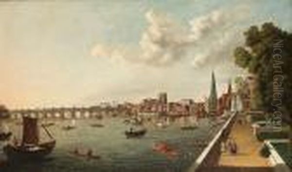 The Thames At Westminster With 
Old Westminster Bridge And The Shot Tower From The Terrace Of Somerset 
House, London Oil Painting by William James