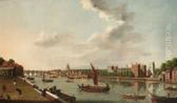 The Thames At Lambeth Palace, 
With St. Paul's Cathedral And Westminster Bridge Beyond, London Oil Painting by William James