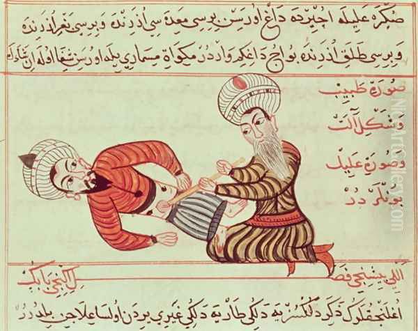 Ms Sup Turc 693 fol.95 Surgical puncture of the abdominal cavity of the aspiration of peritoneal fluid with a canula on a patient suffering from dropsy, 1466 Oil Painting by Charaf-ed-Din