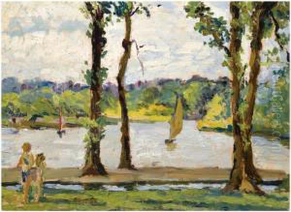 Sailing Boats On A Lake; The Bridge; Haystacks; The Statue Oil Painting by Alexander Jamieson