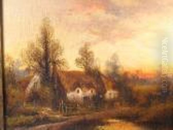 Thatched Houses And Sunset Oil Painting by Alexander Jamieson