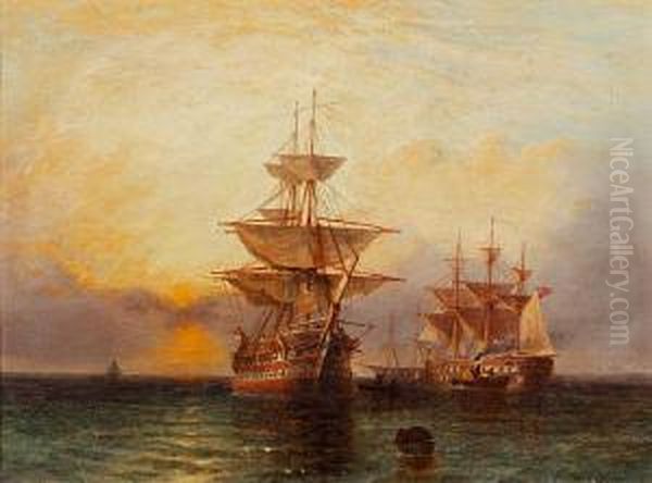 Men-o-war 'hero' And 'research' Off Sheerness;beating Up The English Channel Oil Painting by Frances E. Jamieson