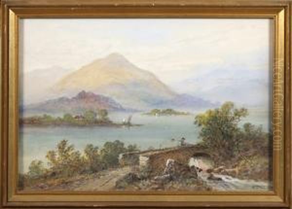 Lake Scene With Stone Bridge And Figure In Foreground by Frances E. Jamieson