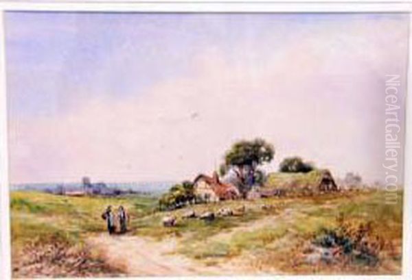 Depicts Two Figures On A Path With Sheep And Thatched Cottages Oil Painting by Frances E. Jamieson