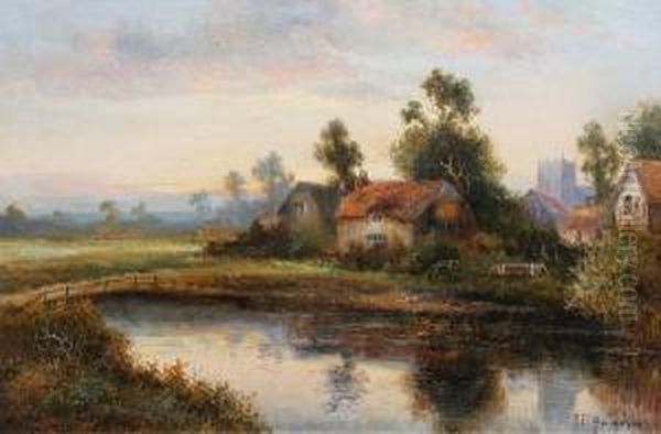 Farmstead By A Pond At Sunrise; Village By A Pond At Dusk Oil Painting by Frances E. Jamieson