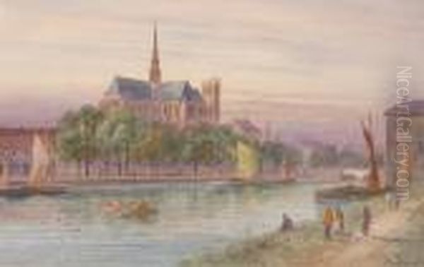 Busy River Scene Near A Cathedral At Sunset Oil Painting by Frank E. Jamieson