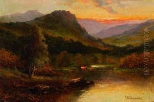 Cattle Watering In A Mountain Valley, Sunset Oil Painting by Frank E. Jamieson