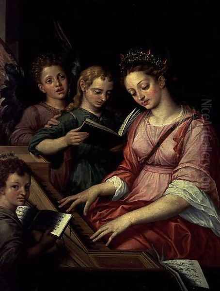 St. Cecilia Accompanied by Three Angels Oil Painting by Michiel van Coxie