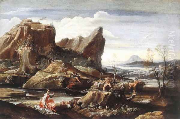 Landscape with Bathers c. 1616 Oil Painting by Antonio Carracci