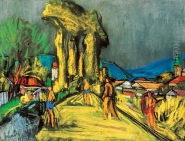 Nagybanya Landscape With Figures Oil Painting by David Jandi