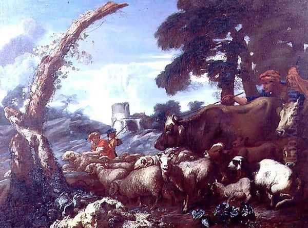 Farmhands with cattle and sheep Oil Painting by Giovanni Francesco Castiglione