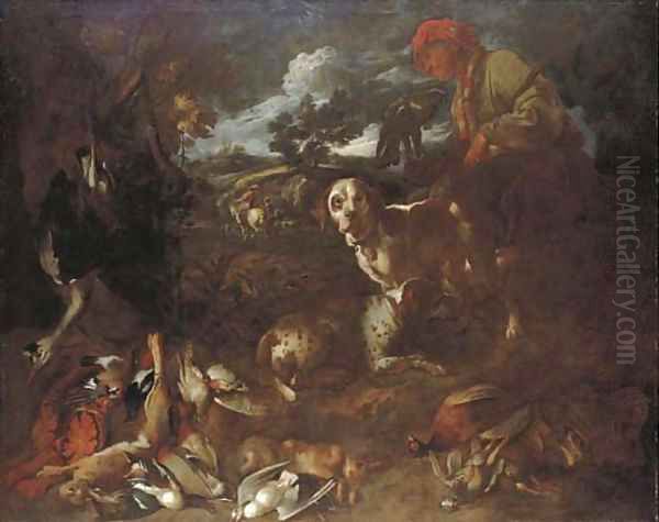 A wooded landscape with a falconer and two dogs with dead game, a huntsman beyond Oil Painting by Giovanni Francesco Castiglione