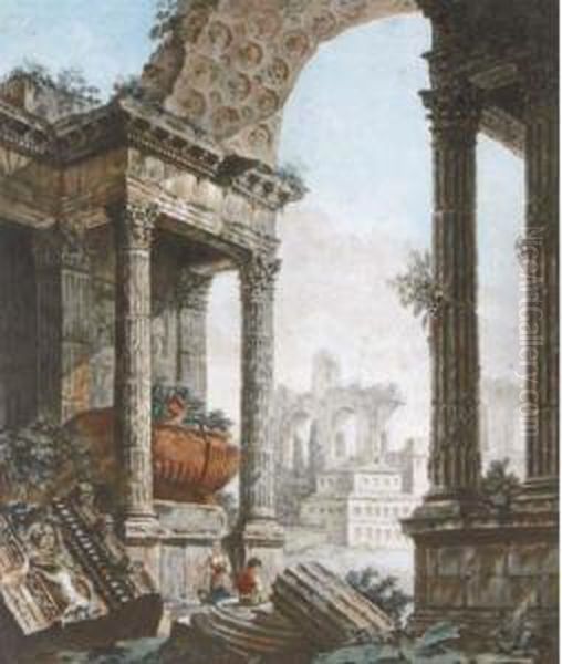 Figures Among Architectural Ruins Oil Painting by Jean-Francois Janinet