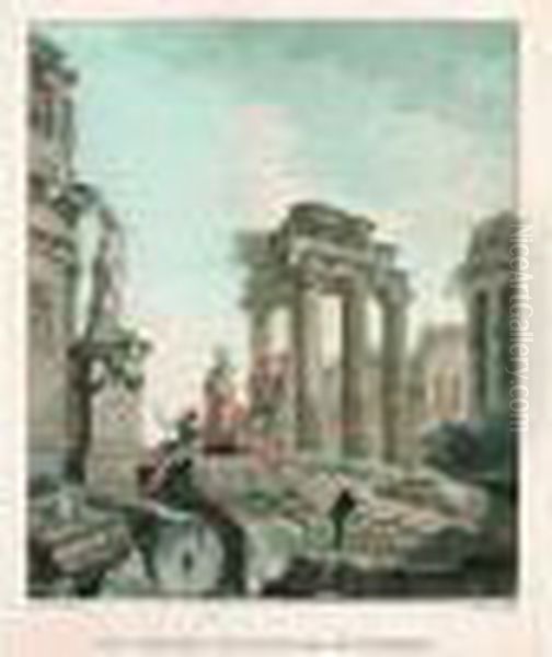 Vestiges D'un Temple De La Grece
 - Les Restes D'un Palais Egyptien. Deux Pendants D'apres J.p.pannini. 
(inv. Fonds Francais 243) Sujet : 290 X 245. Oil Painting by Jean-Francois Janinet