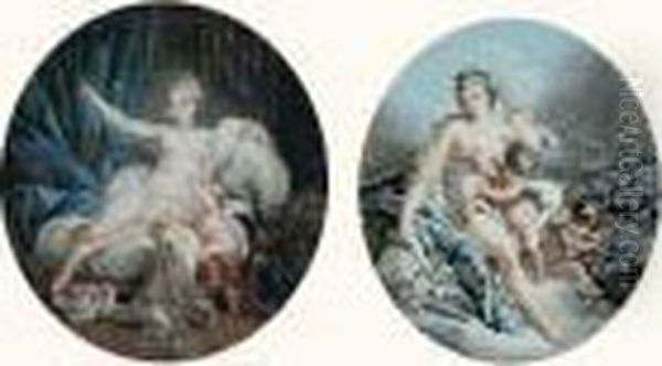 L'amour Rendant Hommage A Sa 
Mere ; Venus Desarmant L'amour. Deux Pieces Formant Pendants. Sujets 
Ovales Sur Cuivres Rectangulaires. Oil Painting by Jean-Francois Janinet