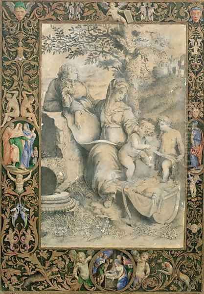 Border of an Illuminated Manuscript surrounding a drawing after Raphael's The Holy family under the Oak Oil Painting by Giorgio-Giulio Clovio