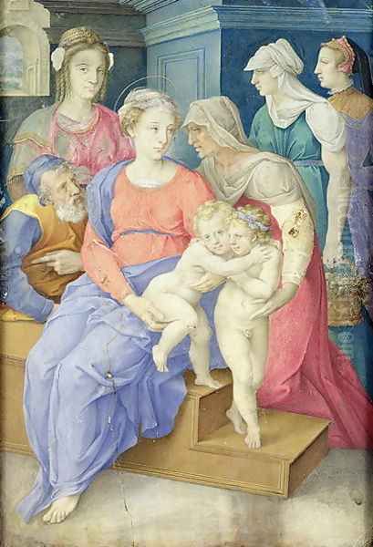 The Holy Family with St. Elizabeth, St. John the Baptist and Three Noblewomen, c.1557 Oil Painting by Giorgio-Giulio Clovio