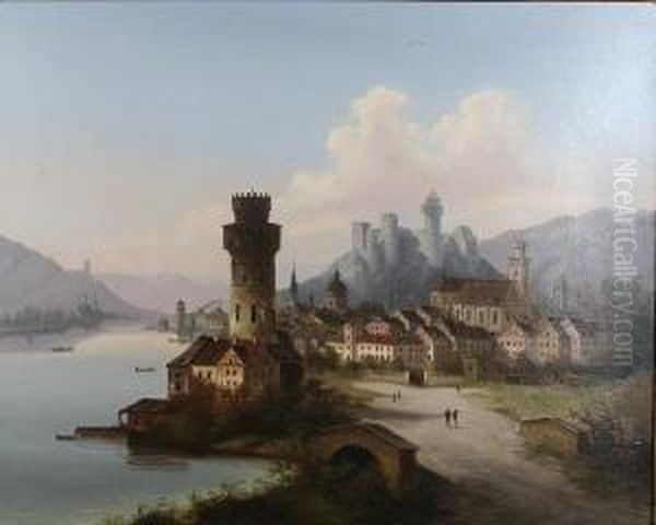 River Landscape With Castle And Town, Thoughtto Be On The Rhine Or The Danube Oil Painting by J. Wilhelm Jankowski