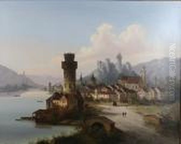 River Landscape With Castle And Town, Thought To Be On The Rhine Or The Danube Oil Painting by J. Wilhelm Jankowski