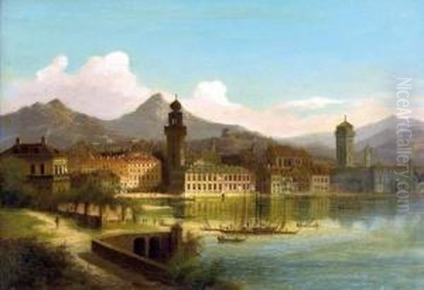 Ville D'europe Centrale Bordant Un Lac Oil Painting by J. Wilhelm Jankowski