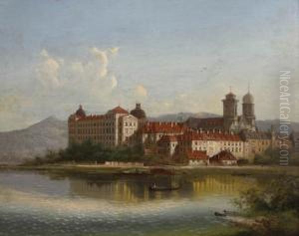 Monastery By A Lake Oil Painting by J. Wilhelm Jankowsky