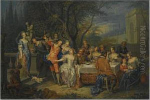 A Palace Garden With Elegant Figures Feasting And Making Merry Oil Painting by Franz Christoph Janneck