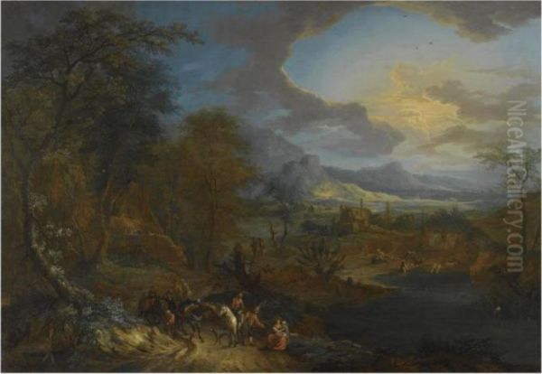 An Extensive Rhenish Landscape 
With Travellers And Their Horses Ona Path In The Foreground Oil Painting by Franz Christoph Janneck