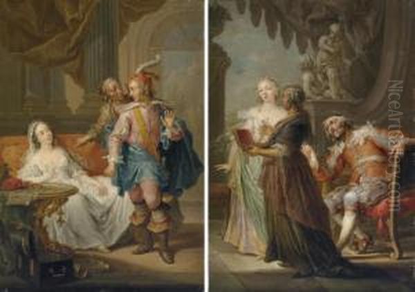 An Elegant Couple With An Old 
Maid In An Interior; And An Elegant Couple With An Old Maid In An 
Exterior Oil Painting by Franz Christoph Janneck