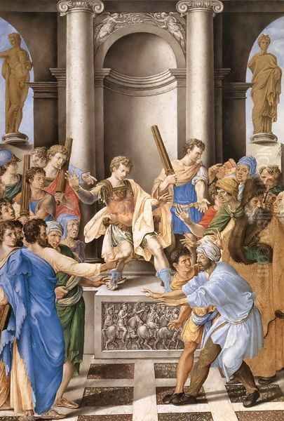 Elymas Struck Blind by St Paul before the Proconsul Sergius Paulus Oil Painting by Giorgio-Giulio Clovio