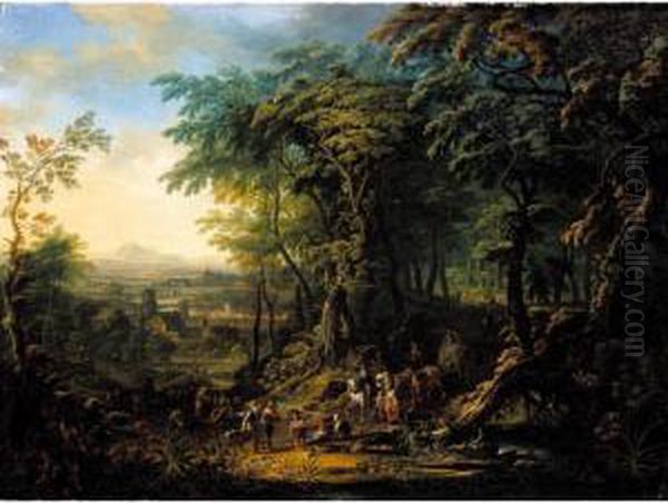 Travellers On A Forest Road Overlooking A City, A Distant Landscape Beyond Oil Painting by Franz Christoph Janneck