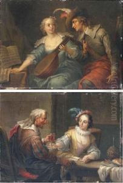 A Couple Playing Cards In An Interior; And A Couple Playing Musicin An Interior Oil Painting by Franz Christoph Janneck