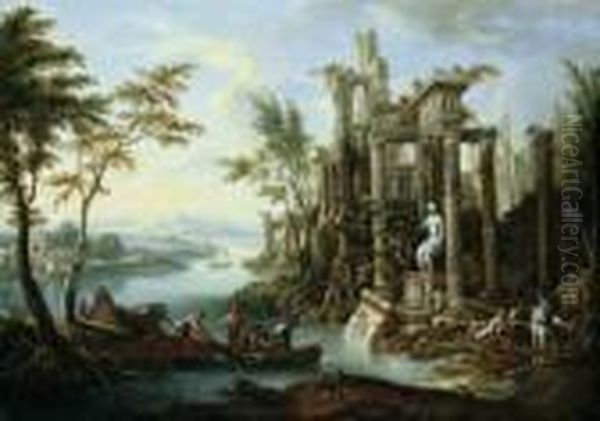 Umkreis Weite Flusslandschaft 
Mit Antiker Tempelruine. Ol Auf Leinwand . H 65; B 92 Cm. Ein 
Kompositorisch Durchaus Vergleichbares Gemalde Jannecks Wurde Im 
Dorotheum, Wien, Am 22.03.2001 Als Oil Painting by Franz Christoph Janneck