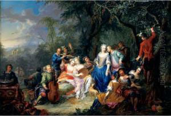 An Elegant Company, With Figures Playing Musical Instruments And Merrymaking Oil Painting by Franz Christoph Janneck