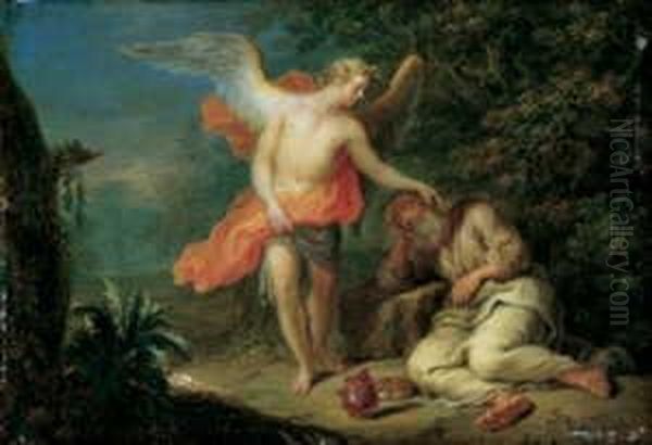 Zwei Alttestamentarische Szenen.
 1. Der Engel Erscheint Dem Schlafenden Elias. 2. Tobias Und Der Engel. Oil Painting by Franz Christoph Janneck