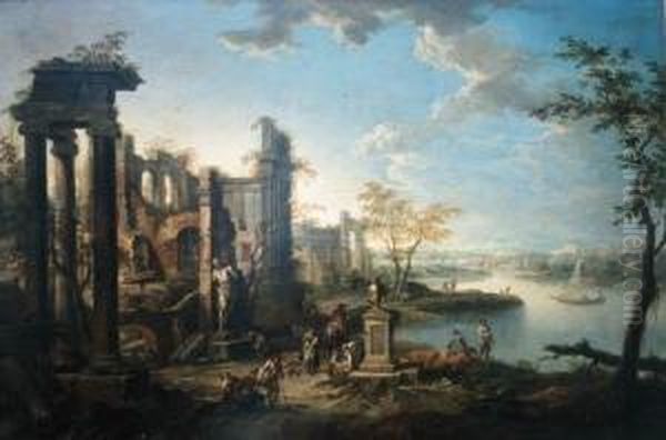 An Italianate River Landscape With Figures Resting By Classical Ruins Oil Painting by Franz Christoph Janneck