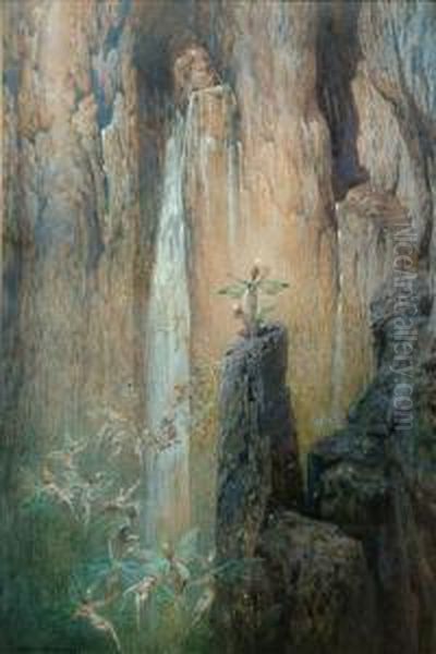 Fairies Dancing By A Waterfall Oil Painting by Georg Janny