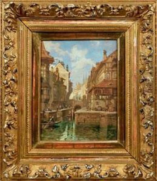 Osterreichische Stadtansicht Mit Pittoresken Hausern Am Fluss Oil Painting by Georg Janny