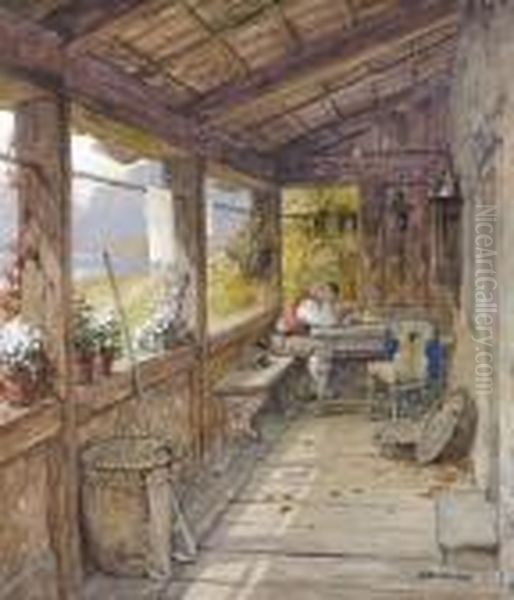 Holzveranda Mit Lesendem Oil Painting by Georg Janny