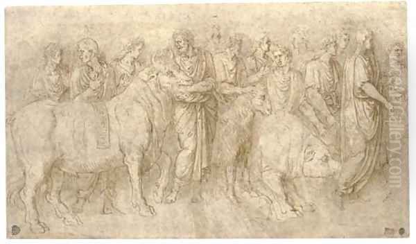 Priests leading a bull, a ram and a boar to an altar, after the Antique Oil Painting by Girolamo da Carpi