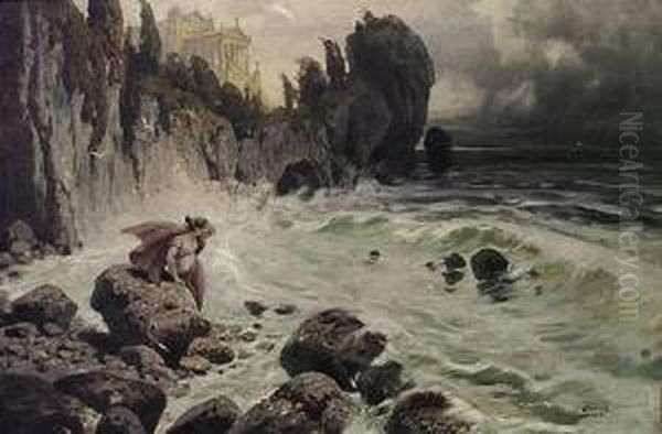 Hero Am Strand Von Sestos Blickt
 Suchend Uber Den Hellespont Nach Ihrem Geliebten Leander Oil Painting by Georg Janny