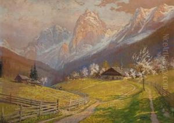 Figures Walking In An Alpine Landscape Oil Painting by Georg Janny