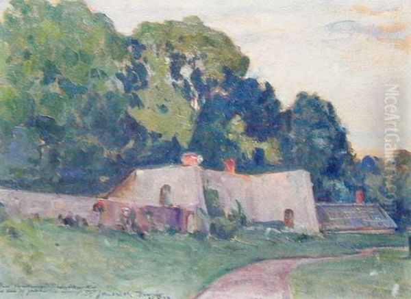 Zabudowania W Drzewach, 1928 R. Oil Painting by Stanislaw Janowski