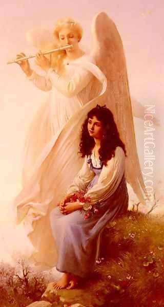 La Jeune Fille A L'ange (A Girl with an Angel) Oil Painting by Paul Alfred de Curzon